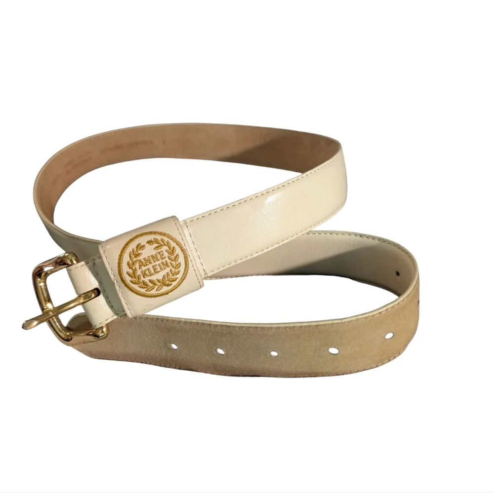 Vintage Anne Klein Women's Cream gold Embroidered leather‎ belt